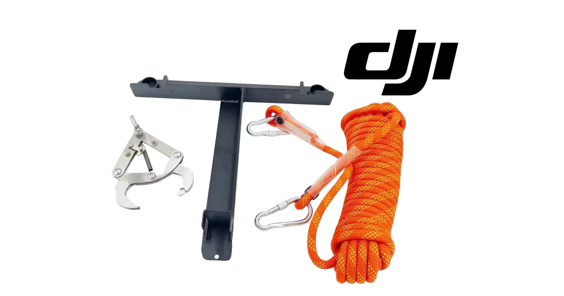 Universal lifting frame set with orange rope and metal safety hooks, black frame