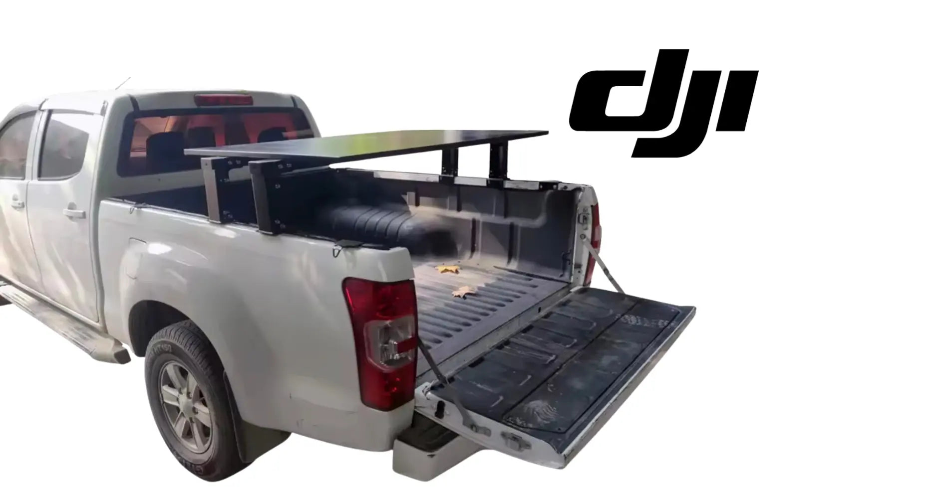 DJI mobile truck launch trailer with open cargo bed and platform rack