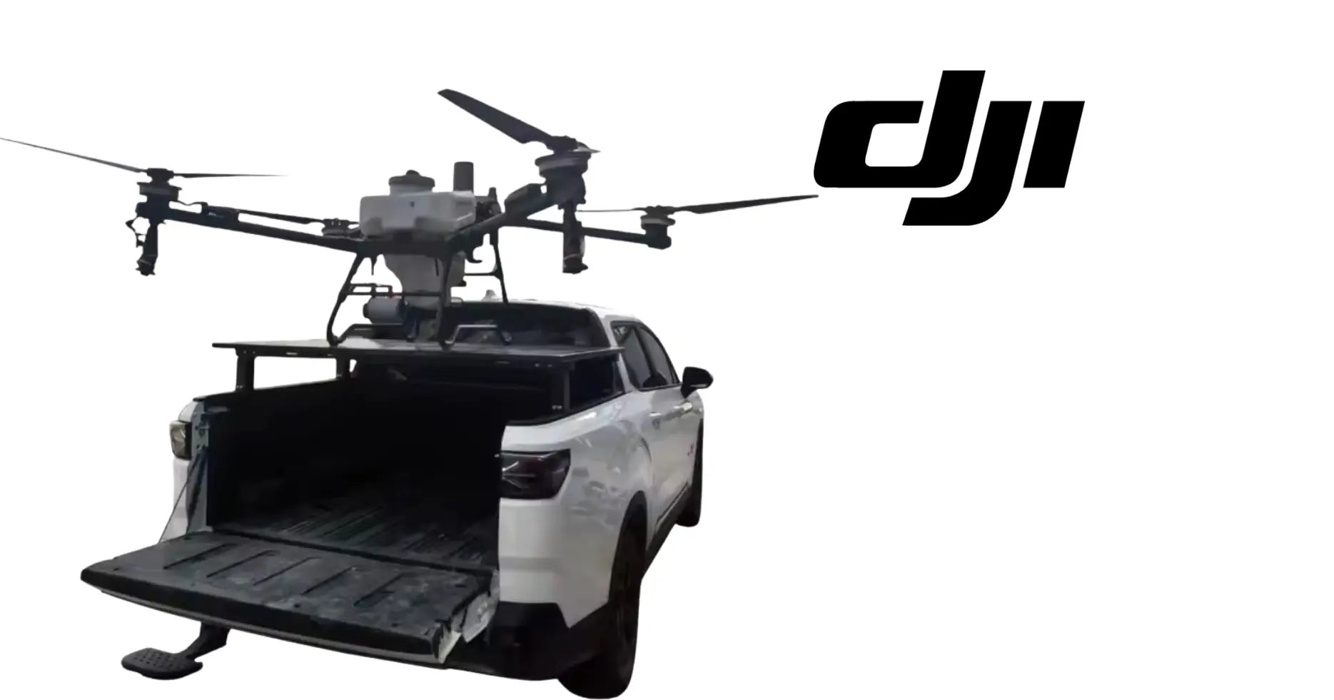 DJI truck launch trailer with drone mounted above the cargo bed