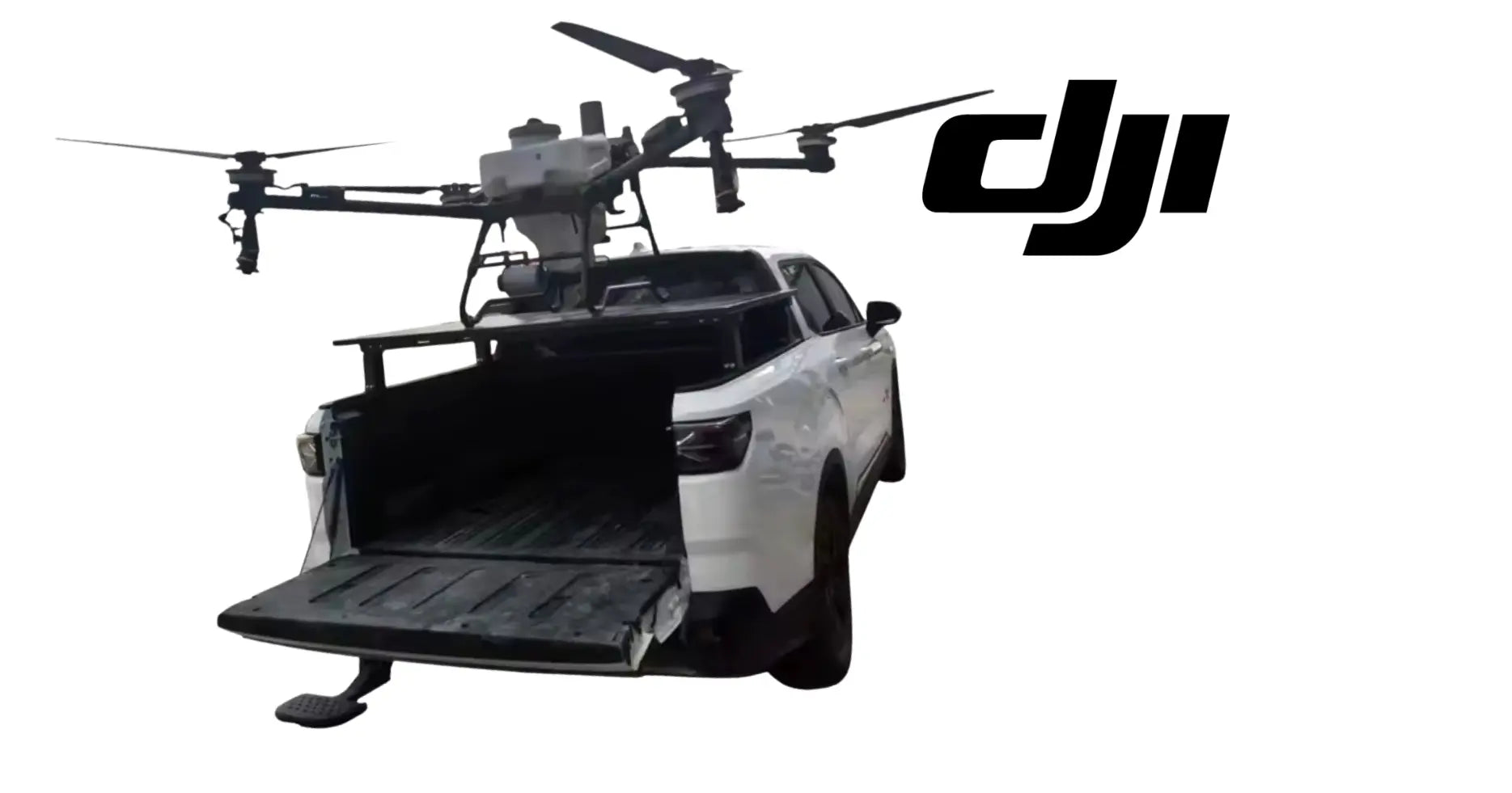 DJI truck UAV launch trailer with drone and open cargo platform ramp