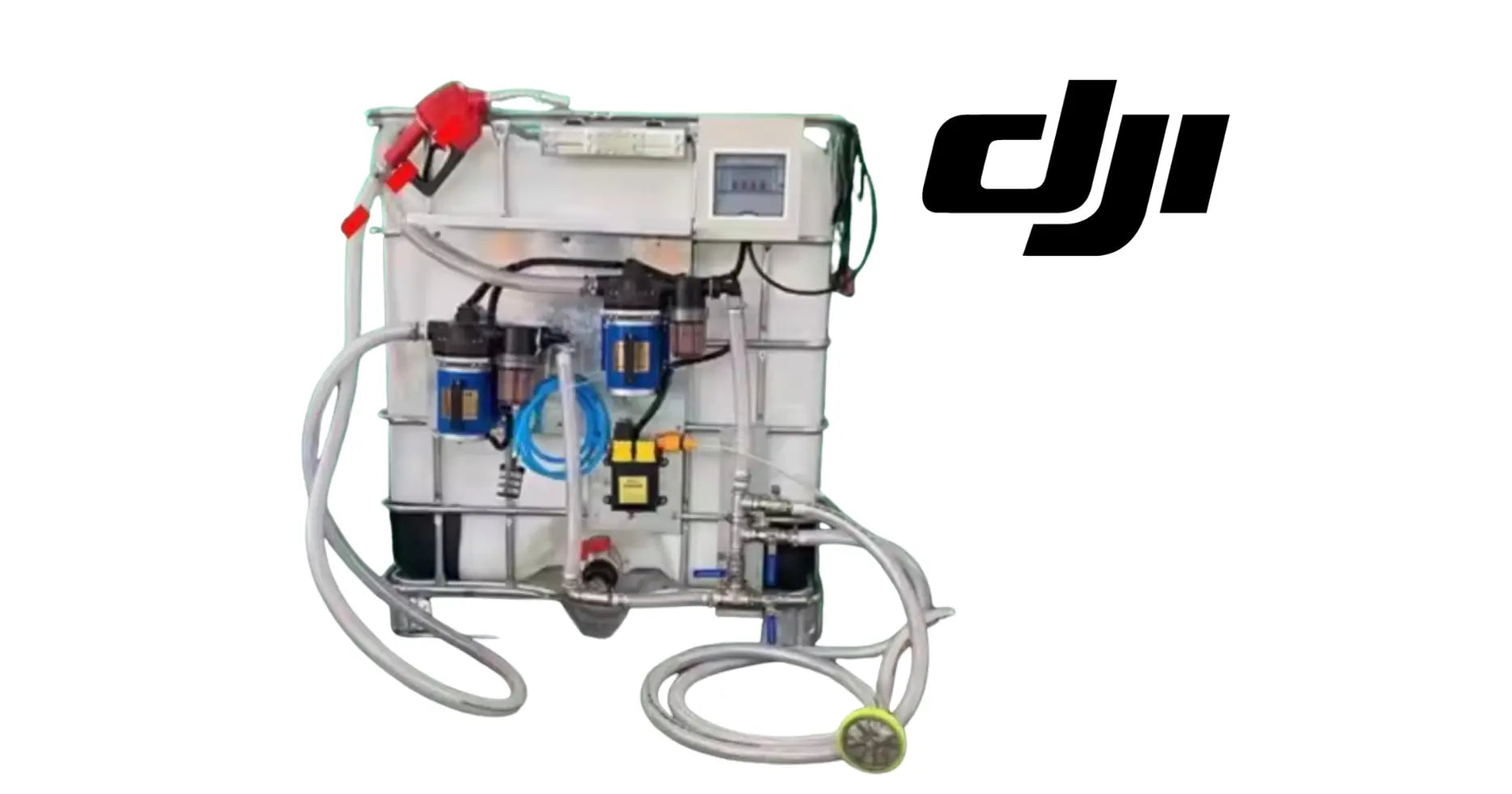 Agricultural dosing and mixing tank system with blue pump, red valve, hoses