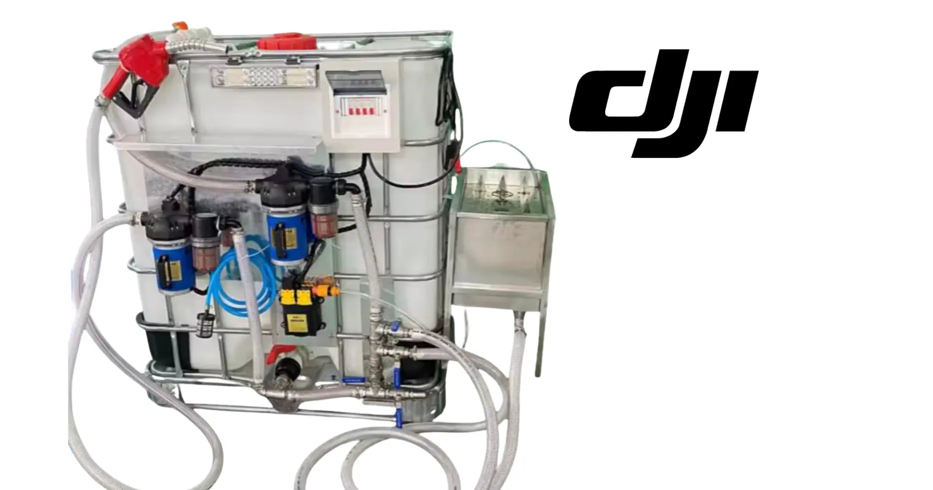 Agricultural chemical mixing tank with side container, blue pump modules, red fittings