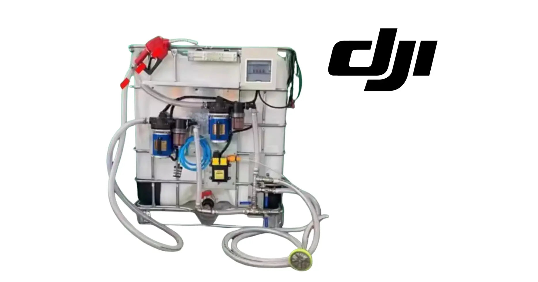 Agricultural dosing and mixing tank unit with control box, blue pump, red valve, hoses