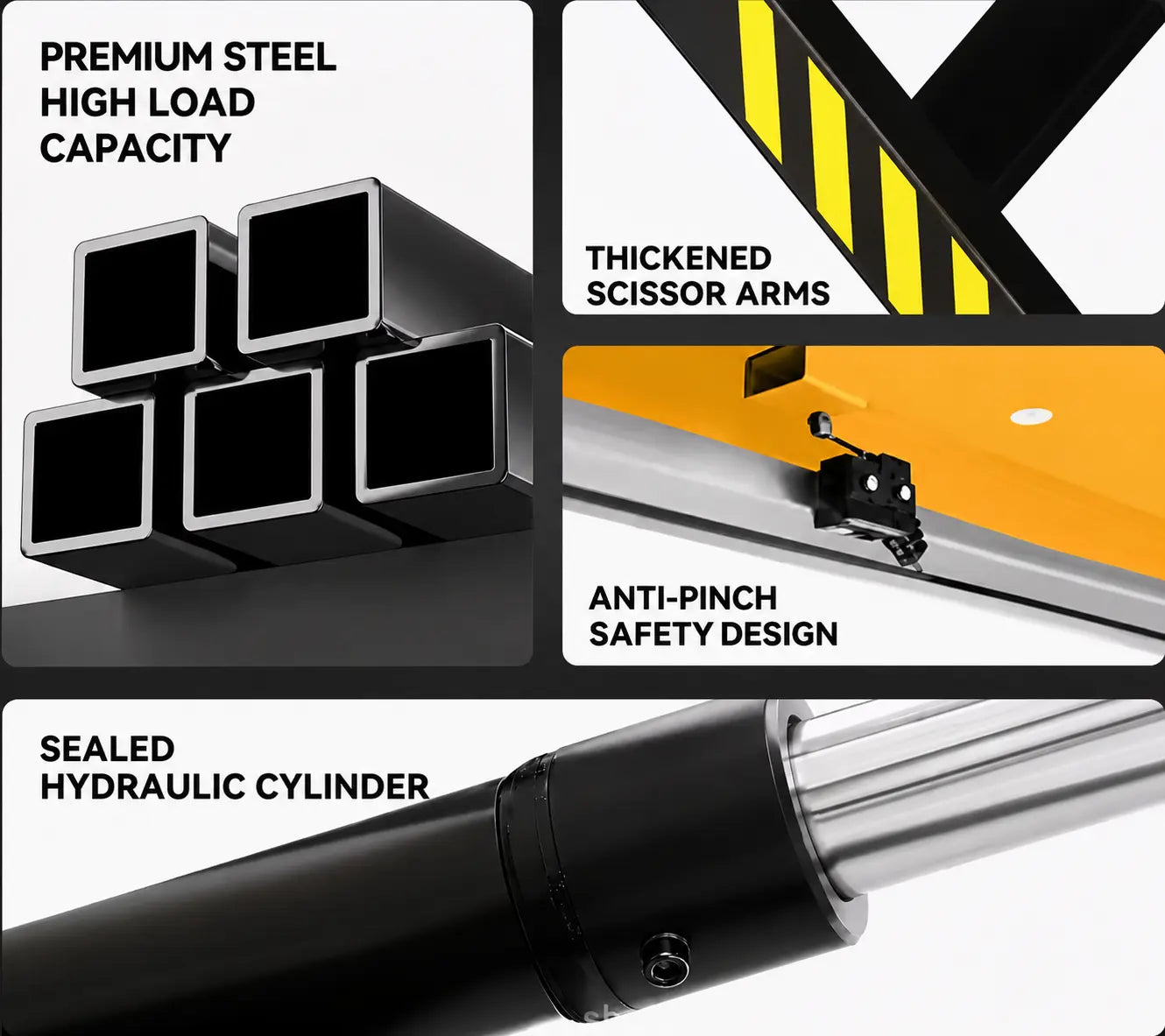Fixed scissor-lift platform detail with thick scissor arms and anti-pinch design