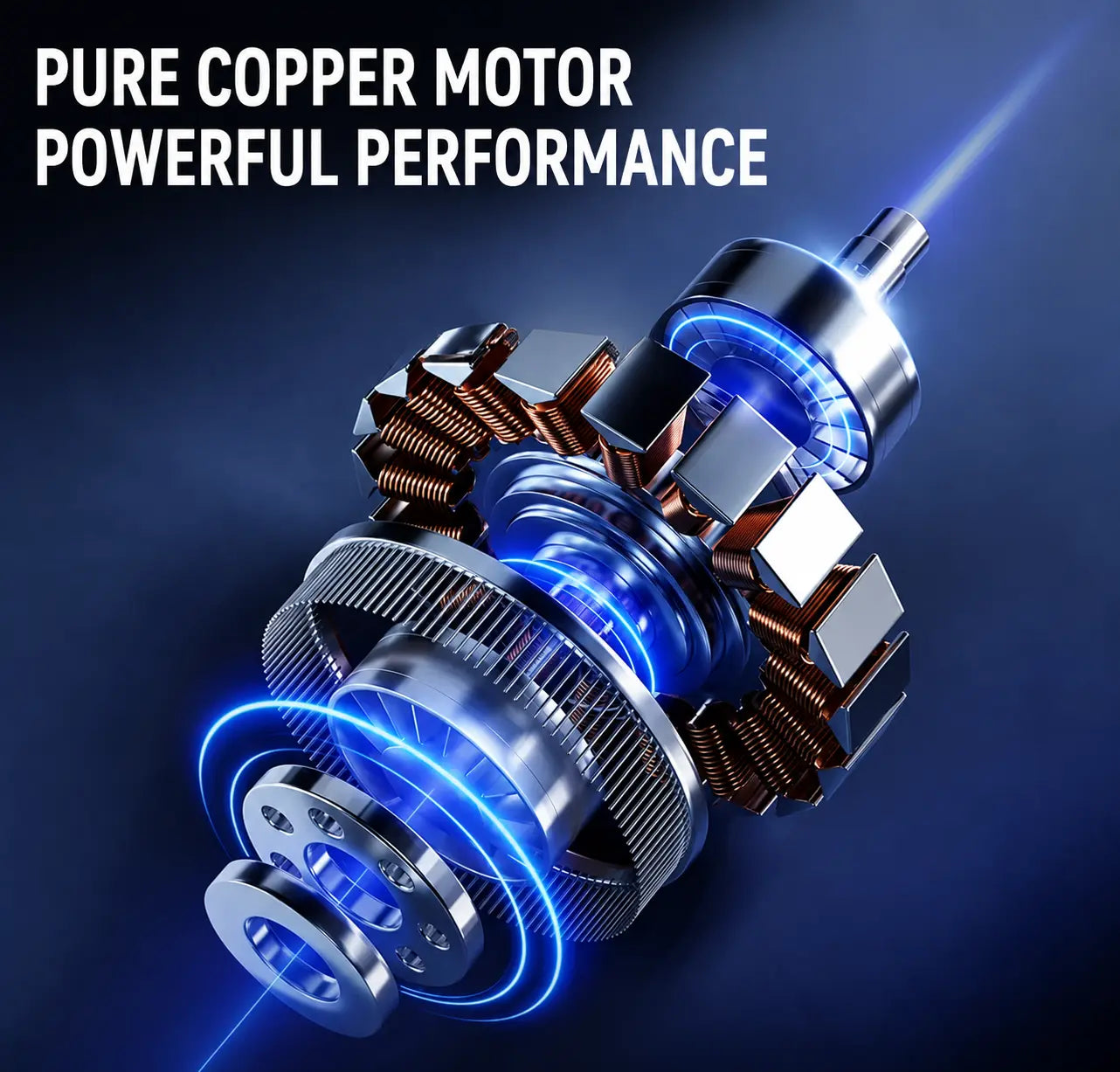 Electric motor assembly with copper windings and blue light engine core