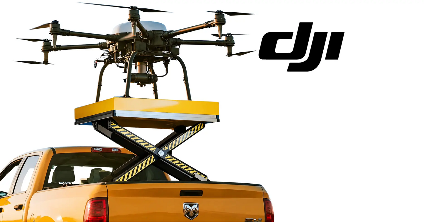 DJI drone above yellow scissor-lift platform on pickup truck bed