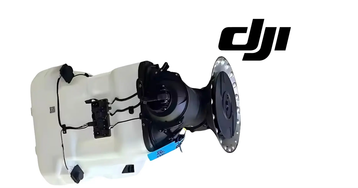 DJI Agras granular tank and spreader assembly with mounting arm and outlet disc
