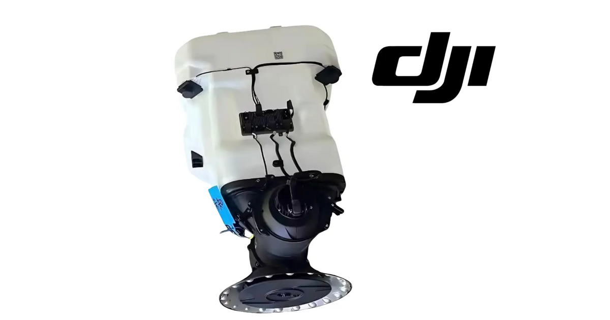 DJI Agras granular tank and spreader assembly angled view with hopper housing