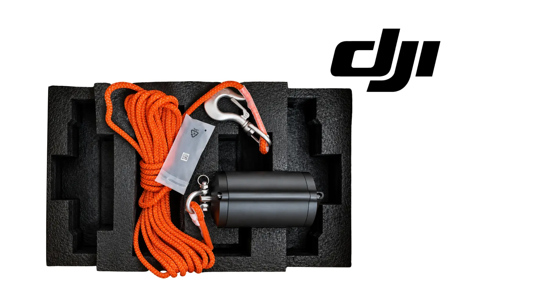 OEM lifting system with black actuator and orange braided cable in foam insert