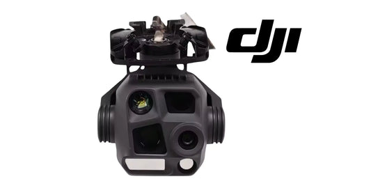 DJI gimbal camera top view, black unit with lens and sensor windows