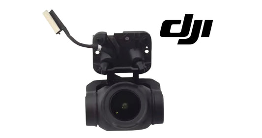 DJI black gimbal camera module with IMU and wiring harness, mounted housing