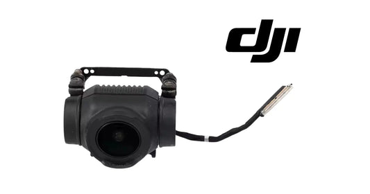 Black gimbal camera with front lens and attached cable