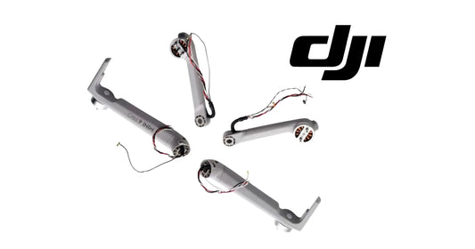 DJI drone arm set with four grey arms and motors, detailed red/white wiring on each
