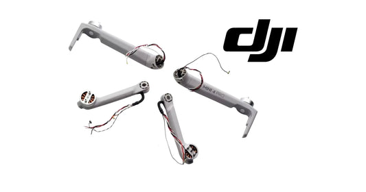 DJI drone arm set with central hub and four grey arms, motors with red/white leads
