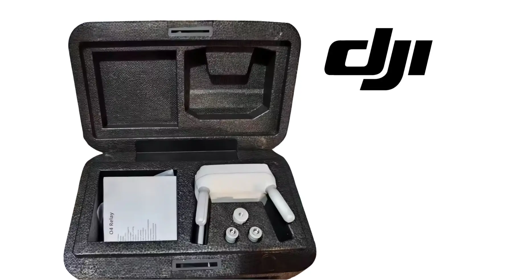 DJI signal repeater system travel case open with antennas and small accessories