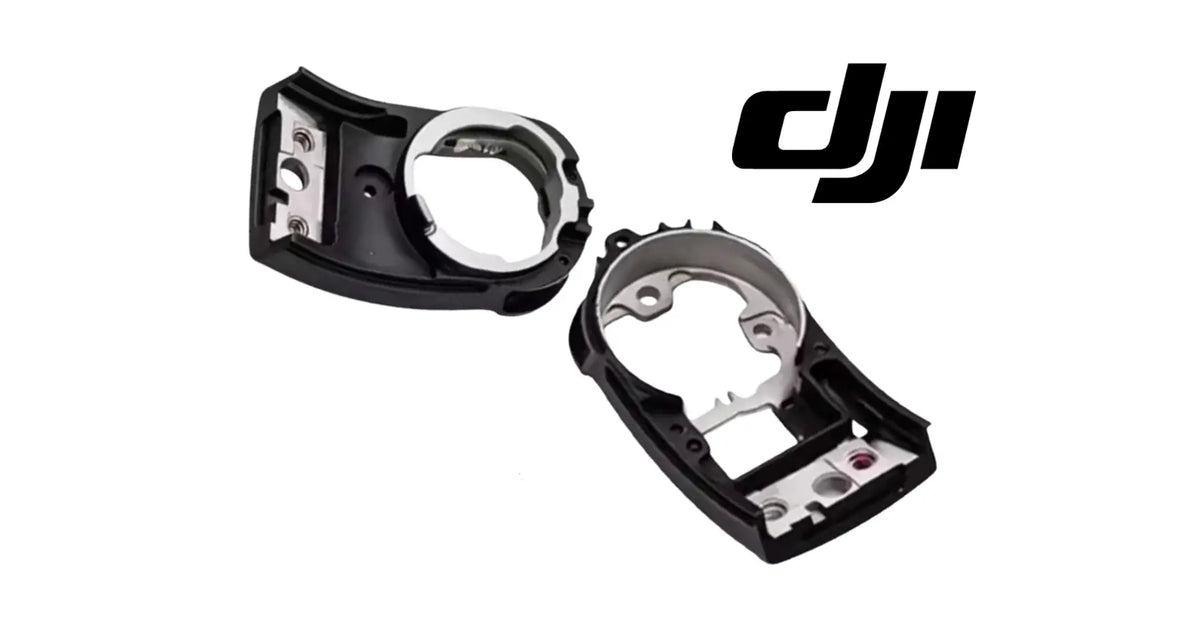 DJI lower gimbal bracket pair, black and silver frames with circular opening and screw holes