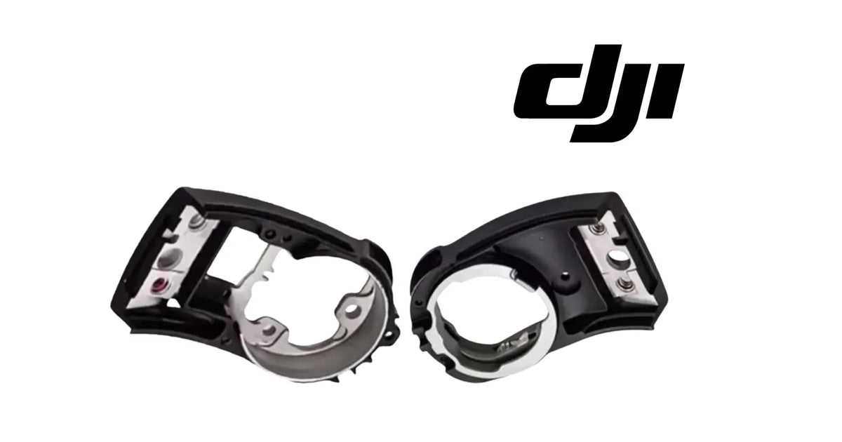 DJI replacement gimbal bracket pair, black and silver housings with mounting ring and screws