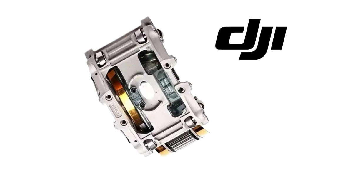 DJI gimbal roll motor replacement module, tilted side view with orange flex strip
