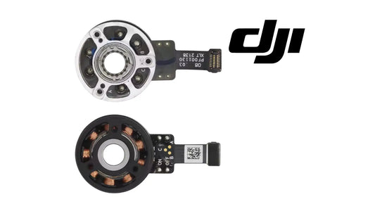 DJI Mavic 3 gimbal pitch motor with circuit board and circular rotor, two-part view