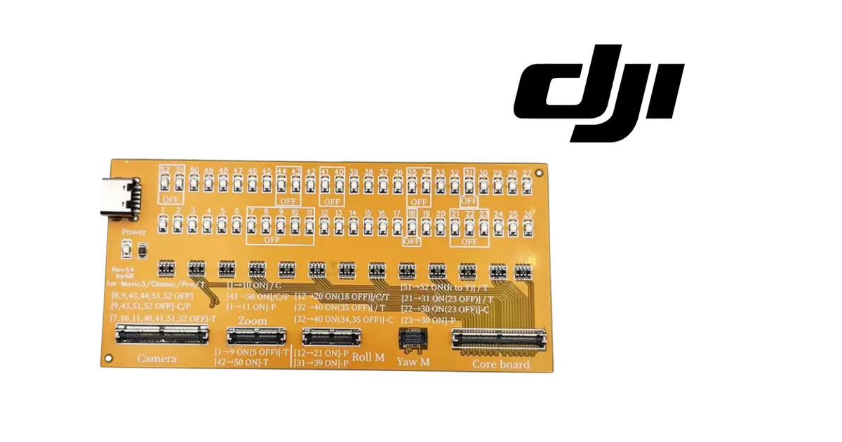 DJI test board PCB with component rows and connector headers, orange
