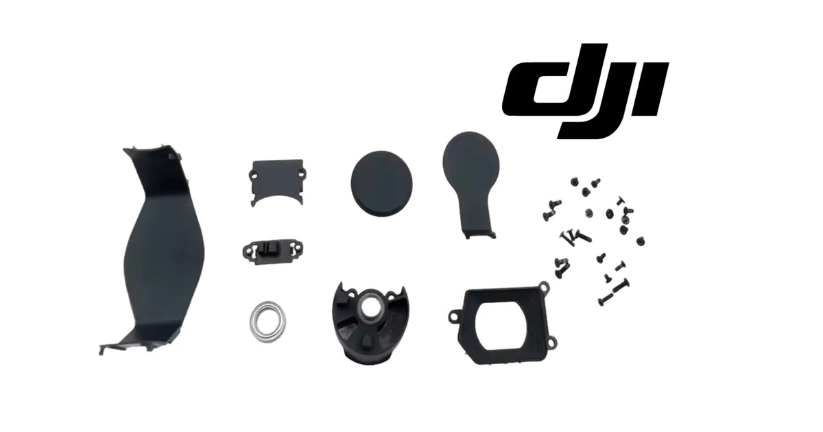 Gimbal cover set with screws, multiple black pieces with DJI branding