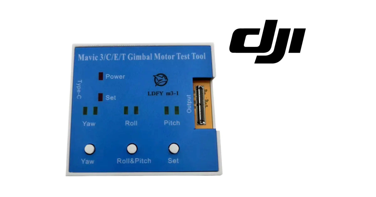DJI Mavic 3 gimbal motor test tool with blue panel, display labels, and connector slot