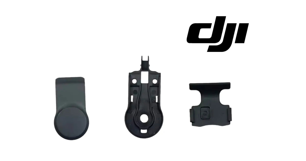 Three dark gimbal cover pieces: round, clip mount, and rectangular latch cover