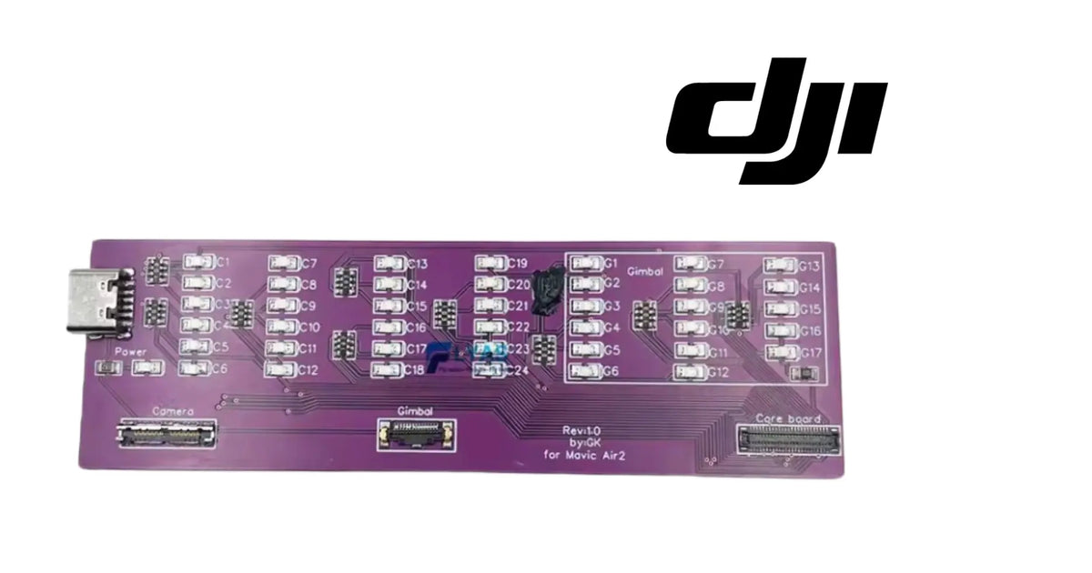 DJI gimbal cable test tool circuit board with ports and electronic components