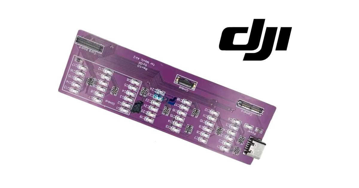 DJI gimbal cable test tool PCB with labeled components and edge connectors