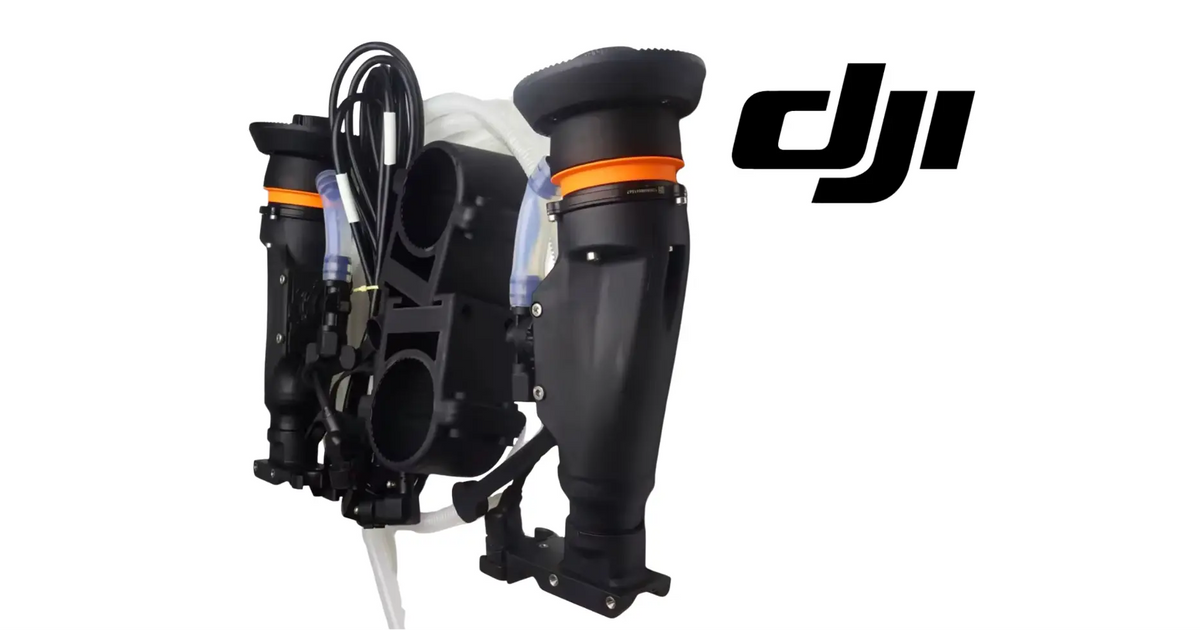 DJI Agras rear sprayer assembly with two orange-ring nozzle mounts and tubing