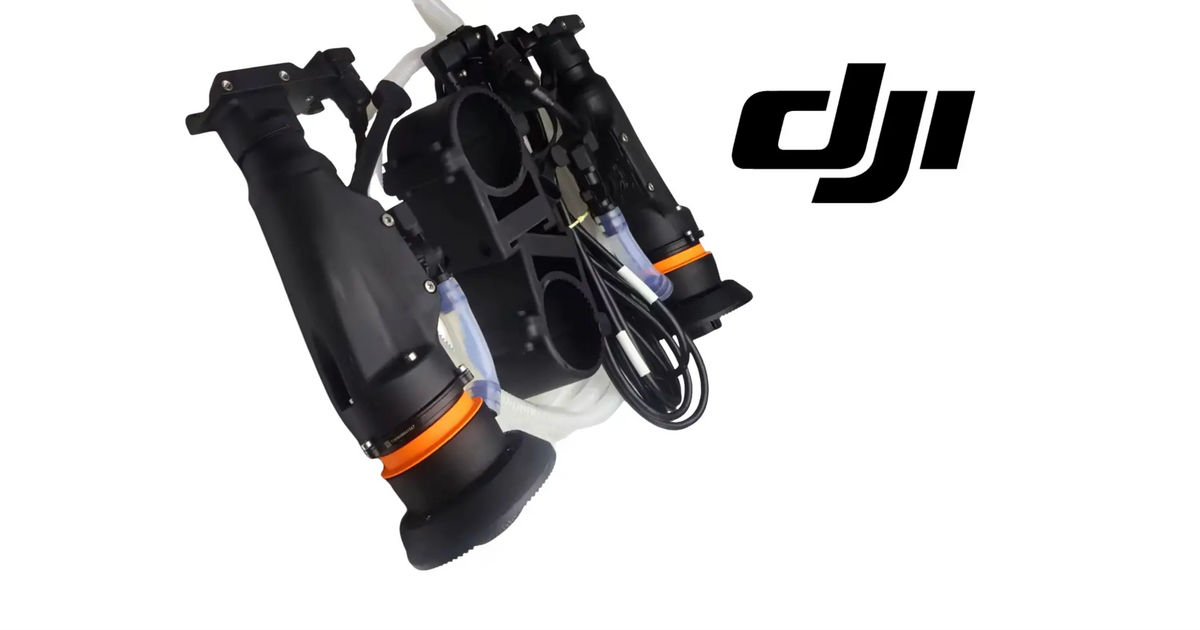 DJI Agras rear 4-nozzle sprayer assembly with cables and orange-ring nozzle housings