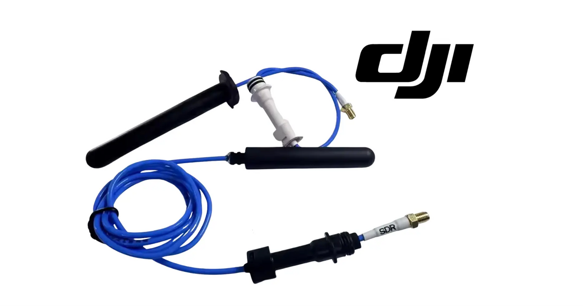 DJI Agras SDR antenna set with two black antennas and blue coax cables