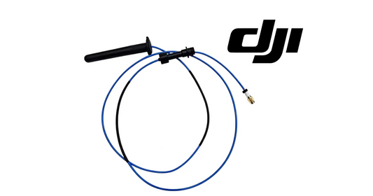 DJI Agras SDR antenna set with dual black antennas, blue cables, and RF connector