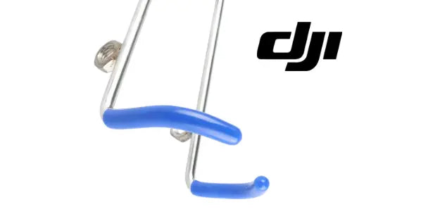 DJI bracket detail: silver rods with blue U-shaped clamp and threaded mount