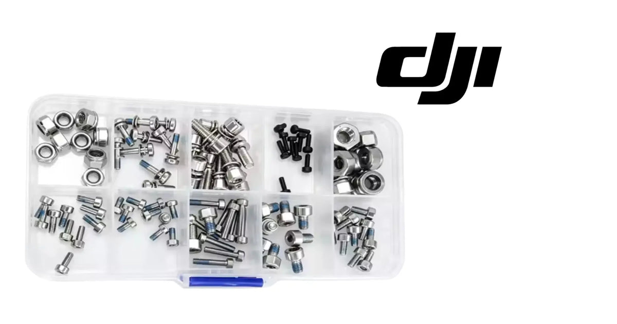 DJI propeller screw kit in clear organizer box with mixed metal screws and nuts