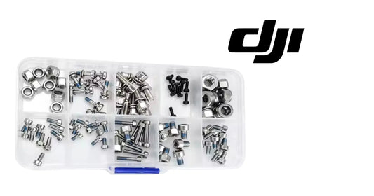 DJI propeller screw kit in clear organizer box with mixed metal screws and nuts