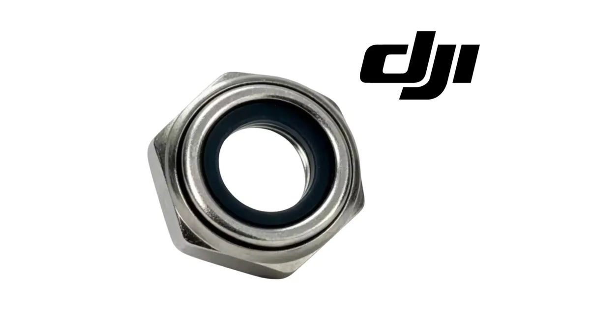 DJI metal threaded nut with blue insert ring, close-up propeller fastener