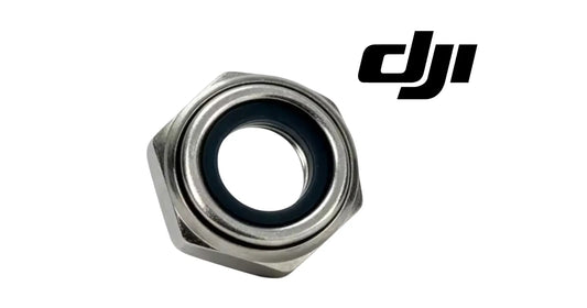 DJI metal threaded nut with blue insert ring, close-up propeller fastener