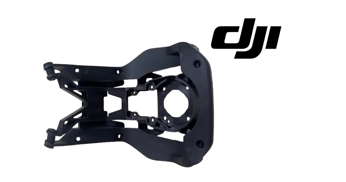 Gimbal vibration damper bracket, black frame with circular opening and metal mounting points