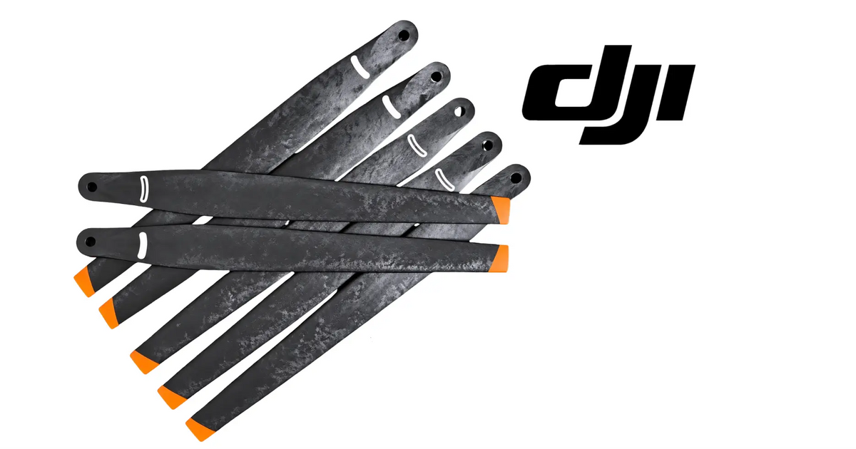 Drone propeller set of 8 black blades with orange tip accents, angled fan layout
