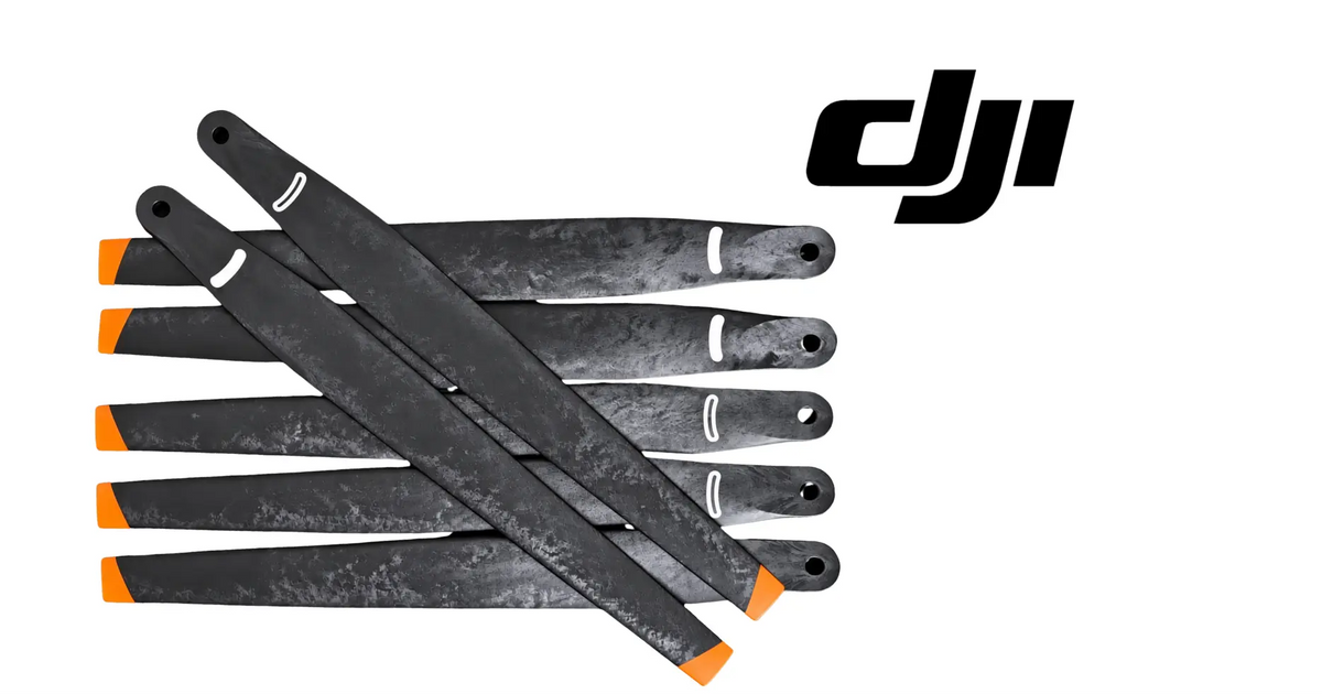 Drone propeller set of 8 black blades with orange tip accents, side view arrangement
