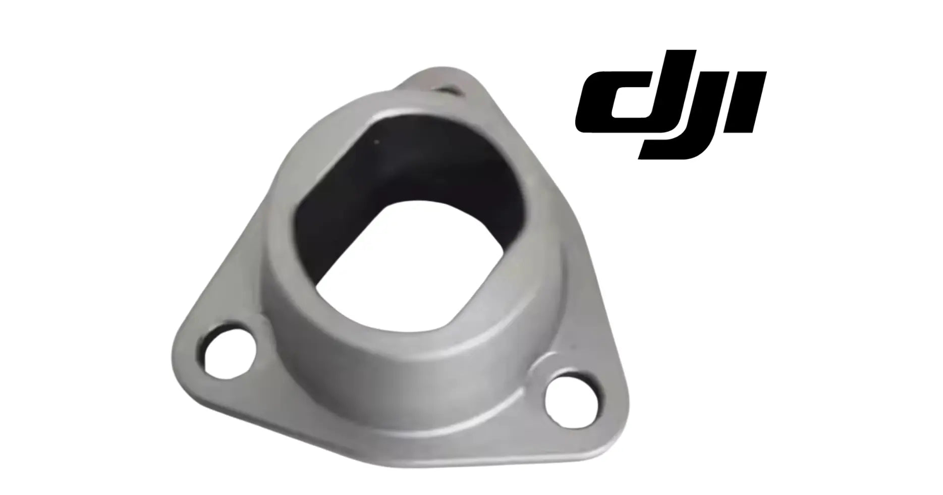 DJI Agras boom arm bushing, gray metal bracket with circular opening and two side mounting holes