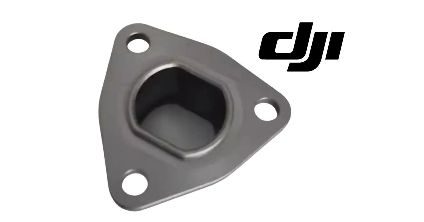 DJI Agras boom arm bushing, gray bracket with dark inner sleeve and 3 bolt holes