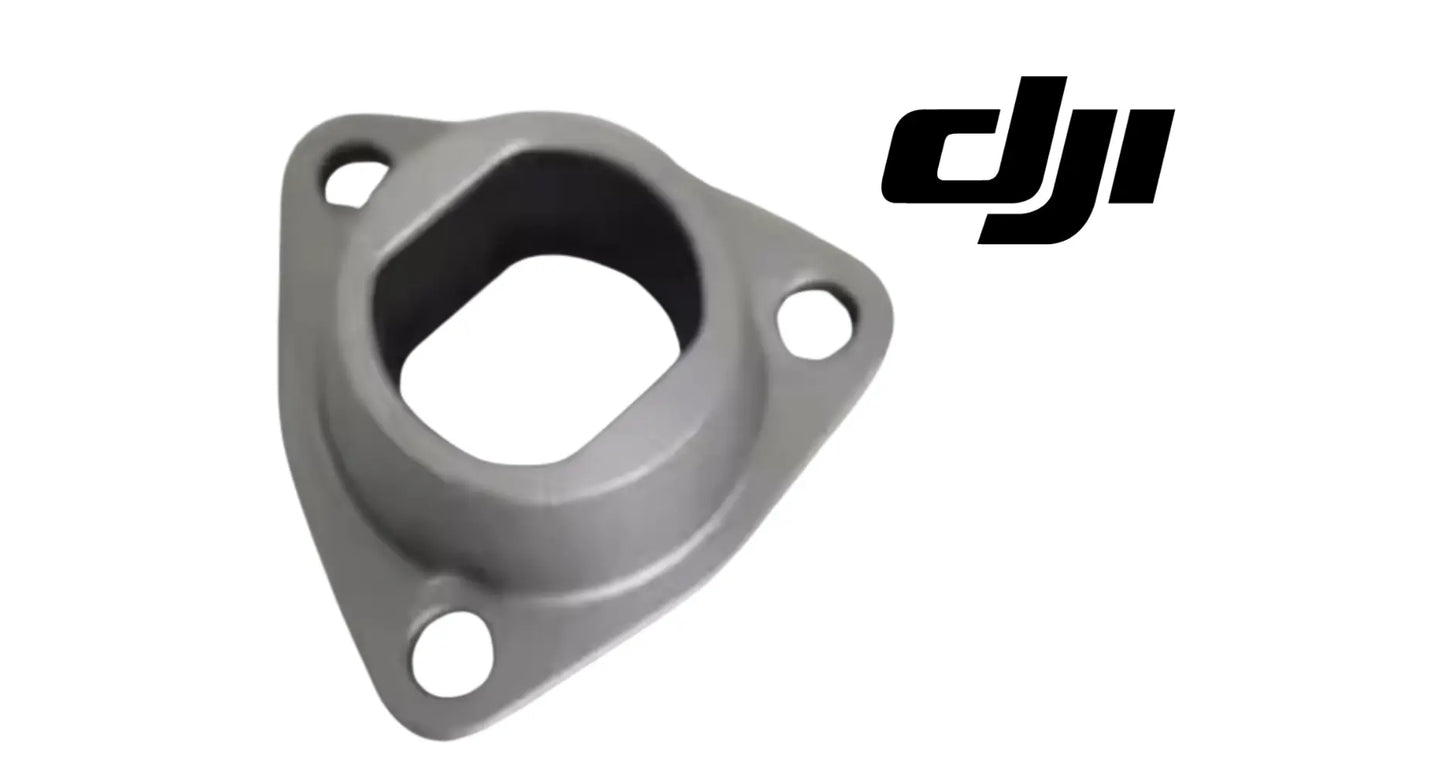 DJI Agras boom arm bushing, gray metal bracket with wide circular recess and 3 mounting holes