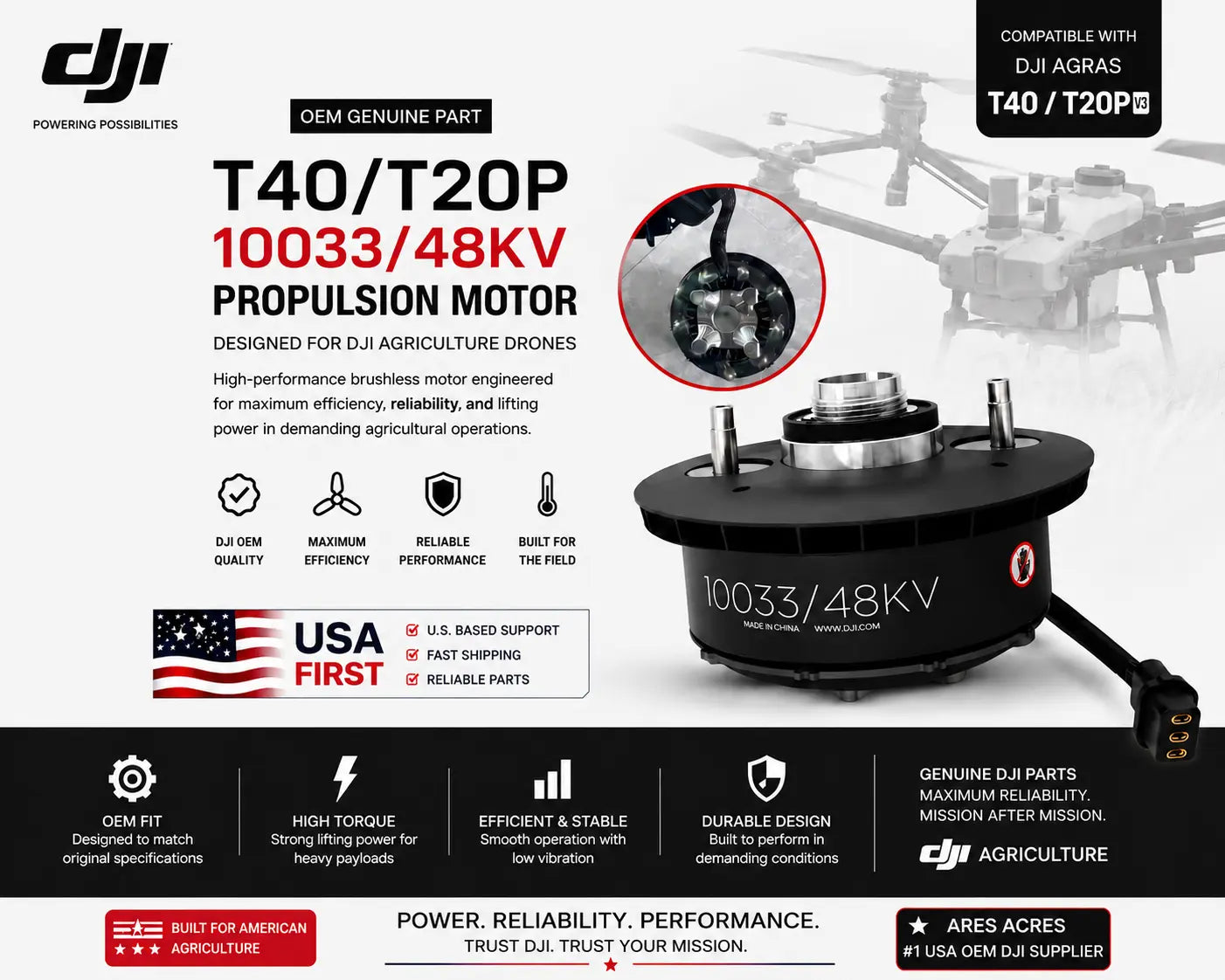 DJI Agras T40 - T20P V3 OEM 10033/48KV Propulsion Motor Ares Acres