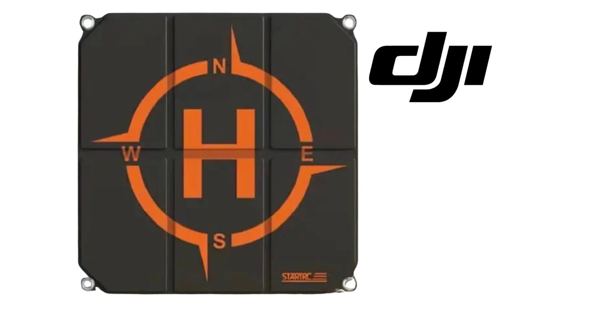 Black drone landing pad with orange compass design and corner eyelets