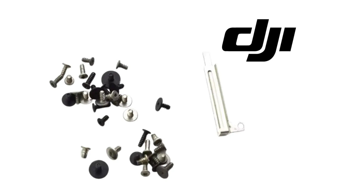 Drone body screw kit with mixed silver screws and black mounting caps, plus metal bracket