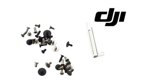 Drone body screw kit with mixed silver screws and black mounting caps, plus metal bracket