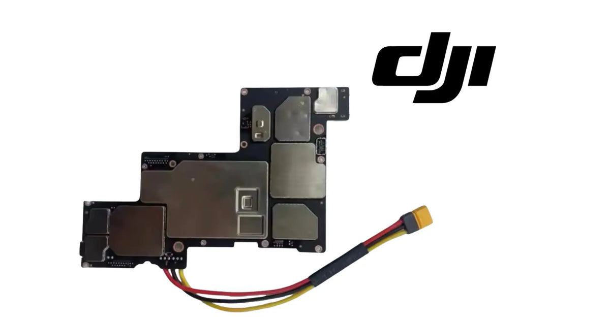 DJI main circuit board with multiple connectors and red, yellow, black wire leads