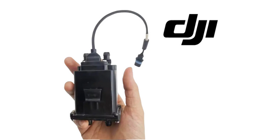 DJI Agras T40 flow meter module with signal cable, handheld view